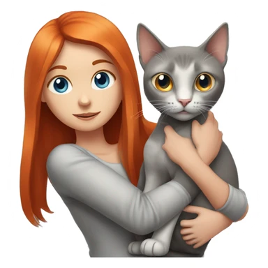 a red-haired girl with blue eyes holds a gray cat with orange eyes and very large ears in her arms sticker