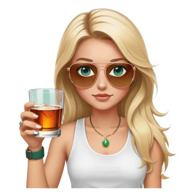 girl with long blond hair
with blue eyes
and aviator sunglasses
wearing white tank top 
holding a glass of whiskey 
wearing (rose gold apple watch with forest green band) sticker