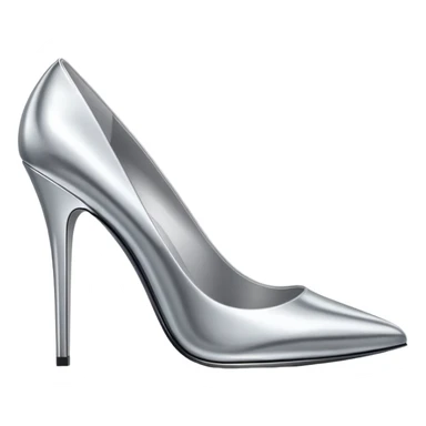 A pair of high heel shoes emoji made of polished silver chrome, elegant sharp silhouette, smooth metallic surface, glossy reflections, luxury sexy vibe, minimalistic iOS emoji style, centered, clean white background sticker