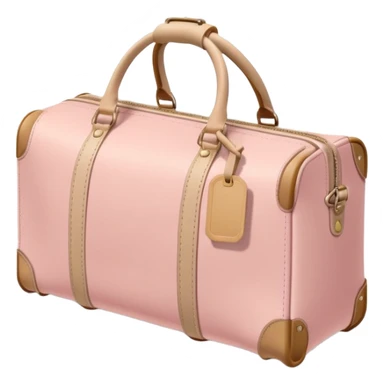 Pastel pink luggage tag attached to a beige leather duffle bag, soft shadows sticker