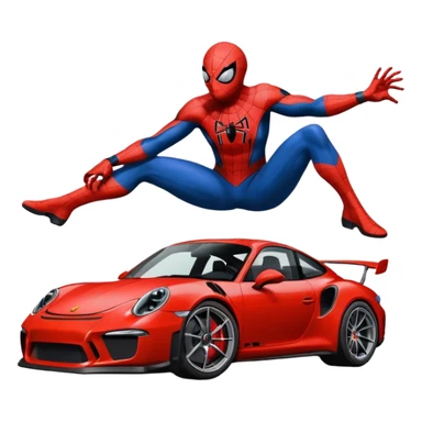 Die-cut sticker of Spider-Man sitting on a Porsche 911 GT3 RS, bold vector art, thick white border, isolated on green hilly background. sticker