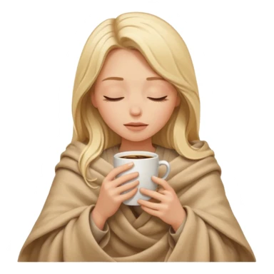 Blonde girl long hair inside a beige blanket sipping coffee eyes closed sticker