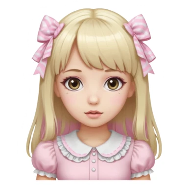 pale girl , who has straight hair medium length blonde and baby pink swirled hair with bangs , grey eyes , and doll like makeup , in a light pink lolita hime gyaru dress emoji | AI Emoji Generator sticker