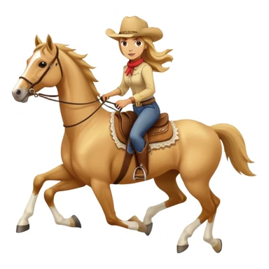 yellow palomino horse running with 4 legs a woman rider with brown hair and a cowboy hat sticker