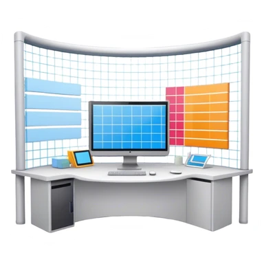 Create an emoji for 3D visualization and modeling. Show a 3D object? like room model with grid lines and a modeling tool (e.g., a mouse or stylus) on a big curved monitor. Use modern, professional colors. Do not include any emojis or smiley faces. Make the background transparent. sticker