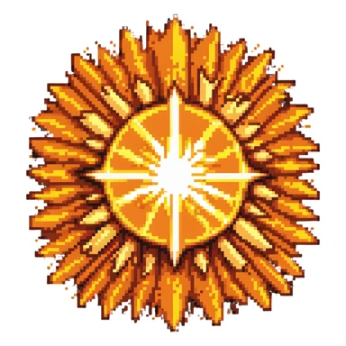 Bomberman explosion center tile, bright fiery explosion core with yellows and oranges radiating from center, 90% of tile with subtle glow effect, clean pixel art edges, slight transparency at edges sticker
