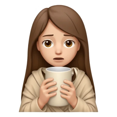 emoji-style illustration of a sad crying woman with long straight brown hair, wrapped in a cozy beige blanket, holding a mug cup, minimalistic look, front-facing, soft 3D cartoon rendering, plain background sticker