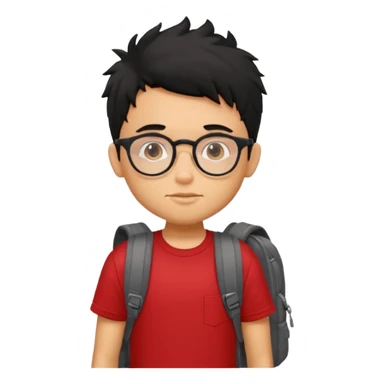 generate a pretty tan bratz boy with glasses and a backpack. black messy hair. wearing a red tshirt. sticker