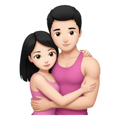 a pretty bratz fair girl. black hair, wearing a pink cami top hugging a handsome fair guy with black hair. lean but muscular who is wearing a black tshirt sticker