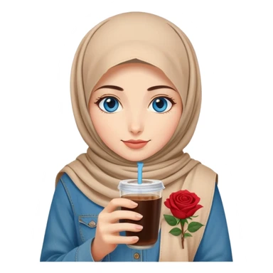 Turkish beautiful finish Konya girl blue eyes with beige denim hijab islamic dress and had on her hand Rose Cold brew coffee   sticker