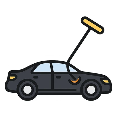 icon of a high-end black car with a subtle rod or hook tool touching a dent, matte black as main color, fine silver lines for contrast, simple style, focus on dent repair sticker