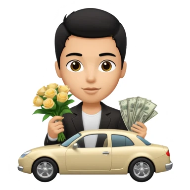 a pretty bratz boy with black hair, holding a bouquet made of money, car behind him sticker