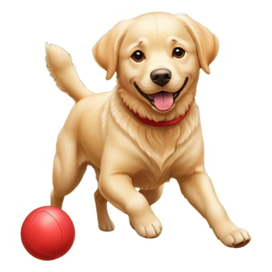 A Labrador Retriever playing fetch with a ball in a backyard garden, mid-action with joyful expression. Natural sunlight, realistic motion blur, outdoor realism. sticker
