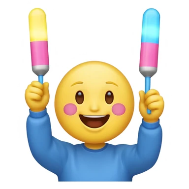 An excited yellow emoji face with closed smiling eyes and blushing cheeks, cheering enthusiastically while holding up two glow sticks (one blue, one pink). It represents high energy, fandom, and celebration. sticker