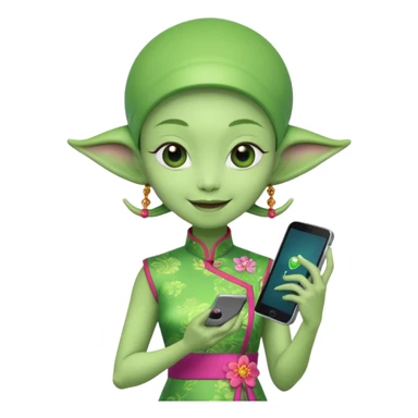 alien with chinese custome dress and smartphone sticker