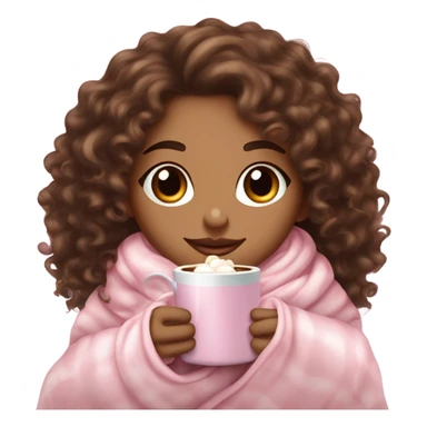 Light skin girl  with brown curly hair under our pink blanket,make her look like a young  make it so you can see the curly hairsipping hot cocoa with marshmallows, cuddled around the blanket, long curly hair, long, medium lashes sticker
