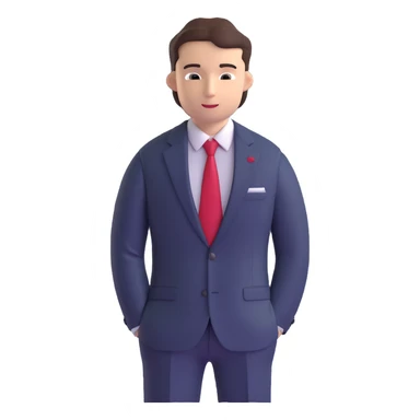 man wearing a dark blue-gray business suit with a white shirt and a red tie sticker