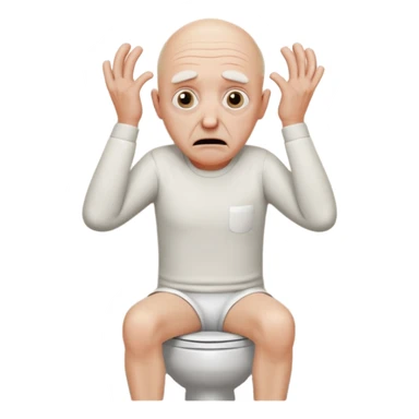 A bald person who’s very old is staring, he’s inside a toilet and his head is upright and looking at the camera with very wide eyes and his hands are putting pressure on his head, very scared expression and he’s shaking his butt sticker