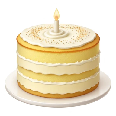 Cinematic Realistic Simple Vanilla Cake, a perfectly baked golden sponge with soft, airy layers, delicate vanilla frosting smoothly spread across the top, tiny flecks of vanilla bean visible, warm golden lighting creating depth, glowing with a sweet, irresistible charm. sticker