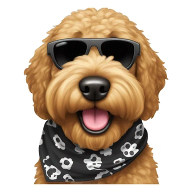 An all black dog breed “golden doodle” wearing sunglasses with a big smile with human like teeth. Also with a bandanna around its neck that says mums favourite  sticker
