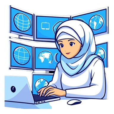 computer engineer with white hijab wearing blue clothes, working with multiple holographic screens showing digital world, virtual interfaces, metaverse elements sticker