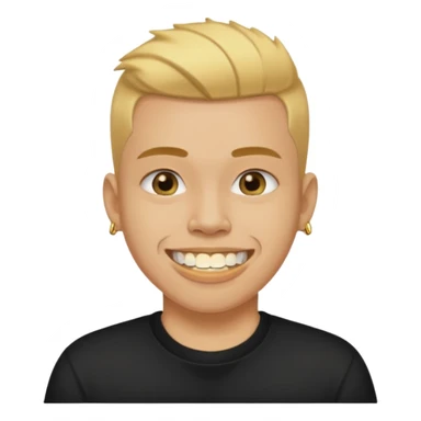 lightskinned person with a taper fade haircut and golden teeth wearing a black tshirt with a white background sticker