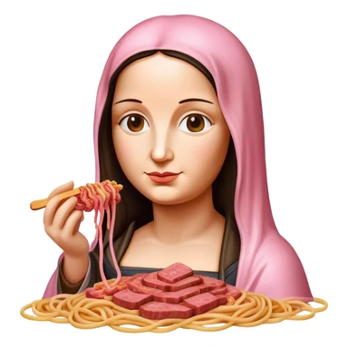 monalisa made of SPAM meat holding pink dripping sauce spaghetti portrait sticker
