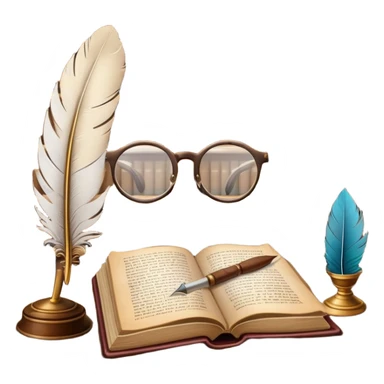 An icon featuring an open book with classic text, a feather quill, and reading glasses, symbolizing literary studies. The design includes old library shelves and vintage manuscripts in the background. Transparent background emphasizes the deep analysis of written works and literary history. sticker