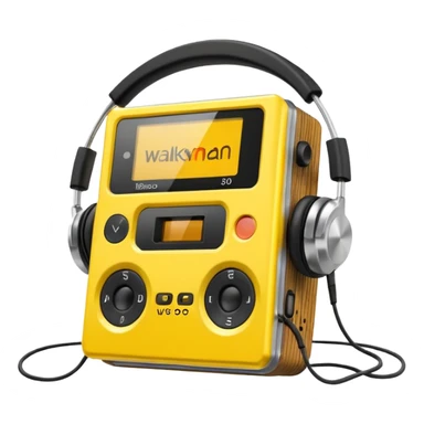 3D render of Walkman, vintage 1980s audio equipment aesthetic, tactile analog buttons, bright sports yellow plastic case with black foam headphones, mixed wood grain and brushed aluminum textures, Apple emoji style, isolated on white background --v 6.0 sticker