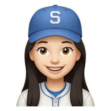 Digital illustration of a cartoon character with a big smile on its face and winking with one eye. The character has long dark hair and is wearing a white baseball cap and casual clothes. The overall style of the illustration is cute and playful. sticker