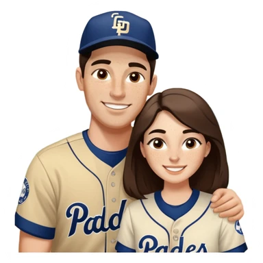 White Smiling couple. Woman has big cheeks and a lot of freckles on the nose. long brown hair. Man has black and very short hair and prominent eyebrows with egipcian nose. Both are wearing “Los Padres” baseball jerseys and with a sign that says “Go Padres!” sticker