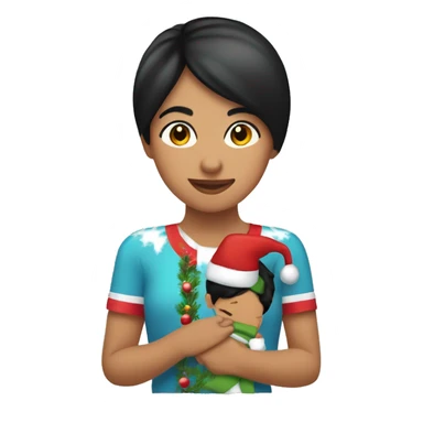 Hispanic female with short black straight hair holding little boys hand at Christmas parade  sticker