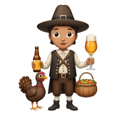 Mexican mandressesd as  pilgram Thanksgiving holding a Turkey drumstick and a bottle beer sticker