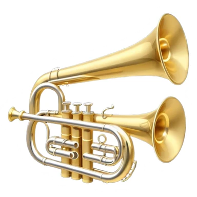 “Flat vector icon of a golden side-view trumpet with three valves, thick outline, on a deep navy blue rounded-square (or circle); 2–3 white or light-blue notes come out of the bell, surrounded by a soft light-yellow glow and a tiny golden star, plus a small speech bubble with the word ‘¡Azúcar!’.  sticker