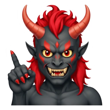 демон с чёрной как уголь кожей, красными клыками, двумя красными рогами торчащими у него изо лба, красной гривой и глазами показывает пальцем в нас sticker