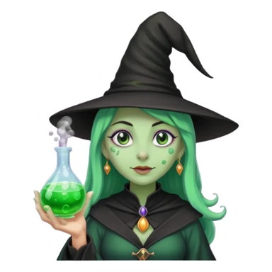 Witch with Green Skin – long-nosed witch in black hat holding potion sticker