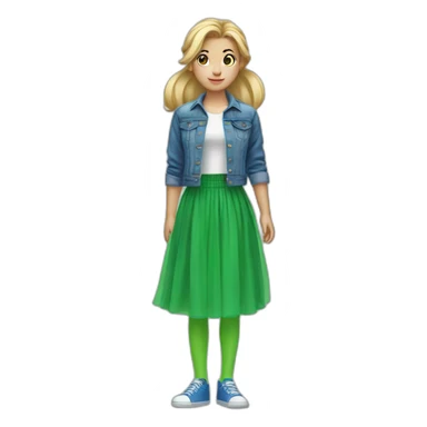 Blonde girl with bang and pony tail, in blue denim jacket, white T-shirt, green tights and elongated blue chiffon skirt sticker