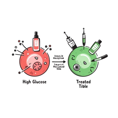 Anti-diabetic treatment visualization: hand-drawn diagram comparing high glucose state (red side) versus treated state (green side) with medication symbols, insulin receptors, and cellular glucose uptake. Colorful educational illustration with before/after comparison and labeled components. sticker