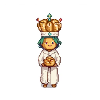 Portrait of the same baker character in every level, realistic skeuomorphism style, consistent lighting and pose, transcendent baker with infinite bread crown, robes woven from light and shadow, divine aura radiating sticker