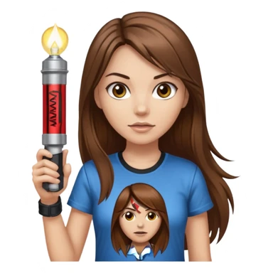 a female with long straight brown hair and brown eyes wearing a iron maiden shirt holding a flashlight  sticker