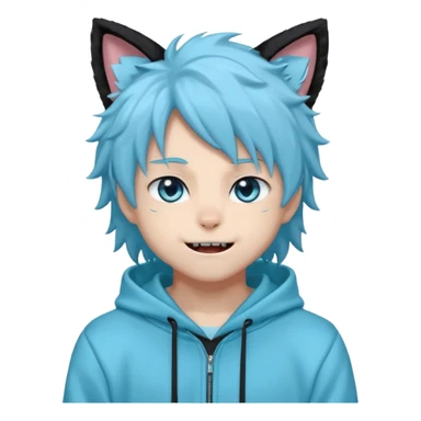 A fluffy anime-style male character with black fur, cat ears, a long fluffy tail, and sharp blue eyes. He wears a light cyan hoodie that says 'Imagine and go with the flow' and matching sweatpants. He has sharp fangs that show when he smiles, giving him a playful but mysterious vibe. sticker