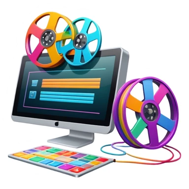 a vibrant and modern icon representing Animation and Motion Design, featuring elements like a film reel, a computer screen displaying animation, dynamic motion lines, and a cinematographic film strip on an editing table. colorful, and dynamic, without any emojis. The background  transparent. sticker