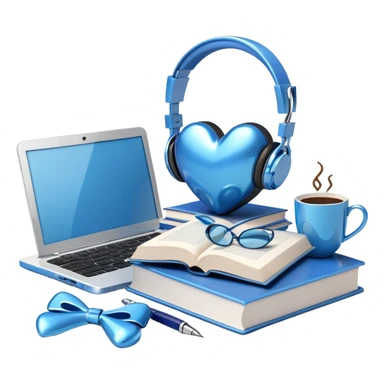 A collection of cute, glossy, metallic blue-themed objects like a heart, headphones, coffee cup, books, bow, pen, and a laptop — arranged on a white background, 3D style with soft reflections and shadows, minimal and modern aesthetic. sticker