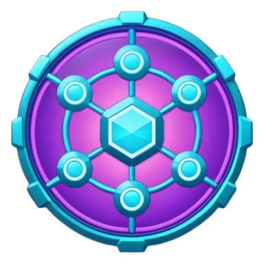 Futuristic blockchain node badge icon, circular emblem with interconnected glowing nodes, all nodes softly illuminated, neon cyan and violet gradient, sci-fi web3 game UI style, metallic rim, dark background, 3D polished game asset, sharp and high detail, centered composition sticker