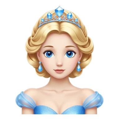 Cinematic Stunning Cinderella Portrait Emoji, Radiant in her sparkling blue ball gown, golden hair in a perfect updo, soft blue eyes full of wonder, glistening tiara, glowing with an ethereal beauty, regal yet kind, a dreamlike aura surrounds her, capturing the essence of a fairy tale princess, elegant and breathtaking! sticker