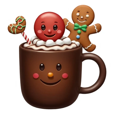 A hot chocolate with a gingerbread man and marshmallows sticker