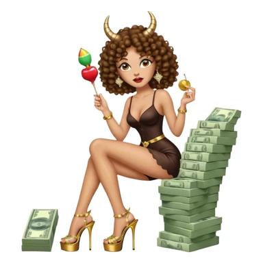 seductress evil brown curly haired sexy drug lord woman with clear glittery platform heels on her feet and horns on her head, holding a stack of cash and a lollipop in her mouth sticker