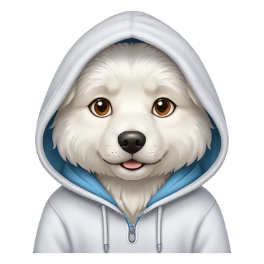 White dog ￼ wering a hodie sticker