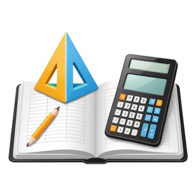 Minimalistic flat vector icon, iOS style, thin black contour on white background. Open textbook with a ruler and triangle on top, calculator next to it. No text, no shadows.
 sticker