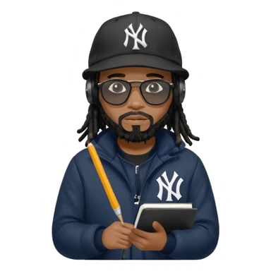 African American man with shoulder length black dreadlocks with black beard wearing black sunglasses wearing a black New York Yankees logo baseball cap wearing a black bubble winter coat wearing headphones writing in notebook sticker